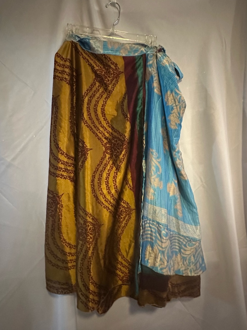 Darn Good Yarn Recycled Sari Wrap Skirt Handcrafted Blue and Gold